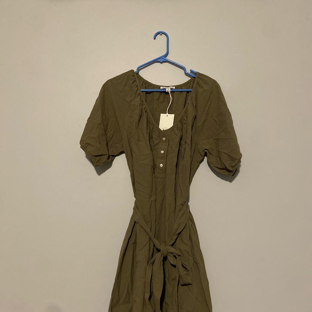 Green Puff Sleeve Tie Front Midi Sundress